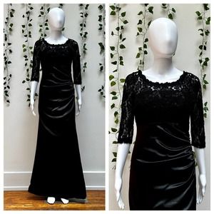 Vintage Y2K Liquid Satin Maxi Dress Black Lace Fishtail Mermaid Prom Party S/M